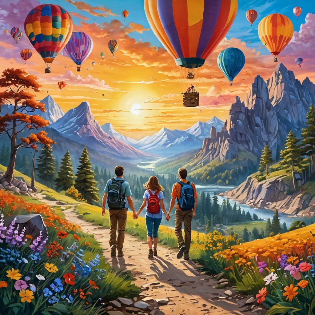 A vibrant landscape featuring various joyful moments, such as a family picnic, people laughing at a festival, and a serene sunrise hike, all blended into one scene. Incorporate elements of adventure like hiking trails, blooming flowers, and balloons floating in the sky, symbolizing happiness and exploration. Use warm colors to evoke a feeling of joy and exuberance. painting. vibrant colors. whimsical style.