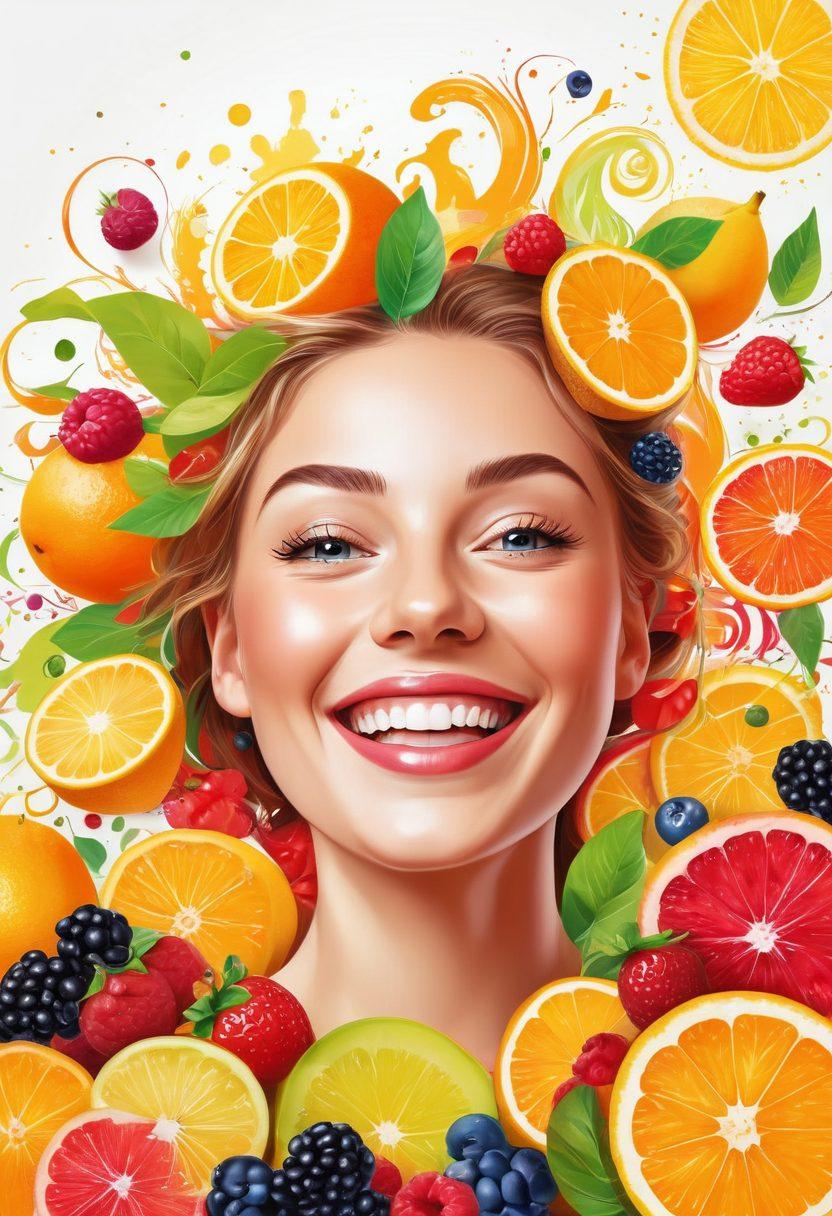 A vibrant, colorful spread of fresh fruits, including citrus and berries, arranged playfully with smiles and expressions drawn on them, exuding joy and energy. In the background, a radiant sun with a cheerful face shines down, surrounded by whimsical swirls of bright colors representing happiness. The scene embodies fun and positivity, inviting viewers to embrace life's zestiness. vector art. vibrant colors. white background.